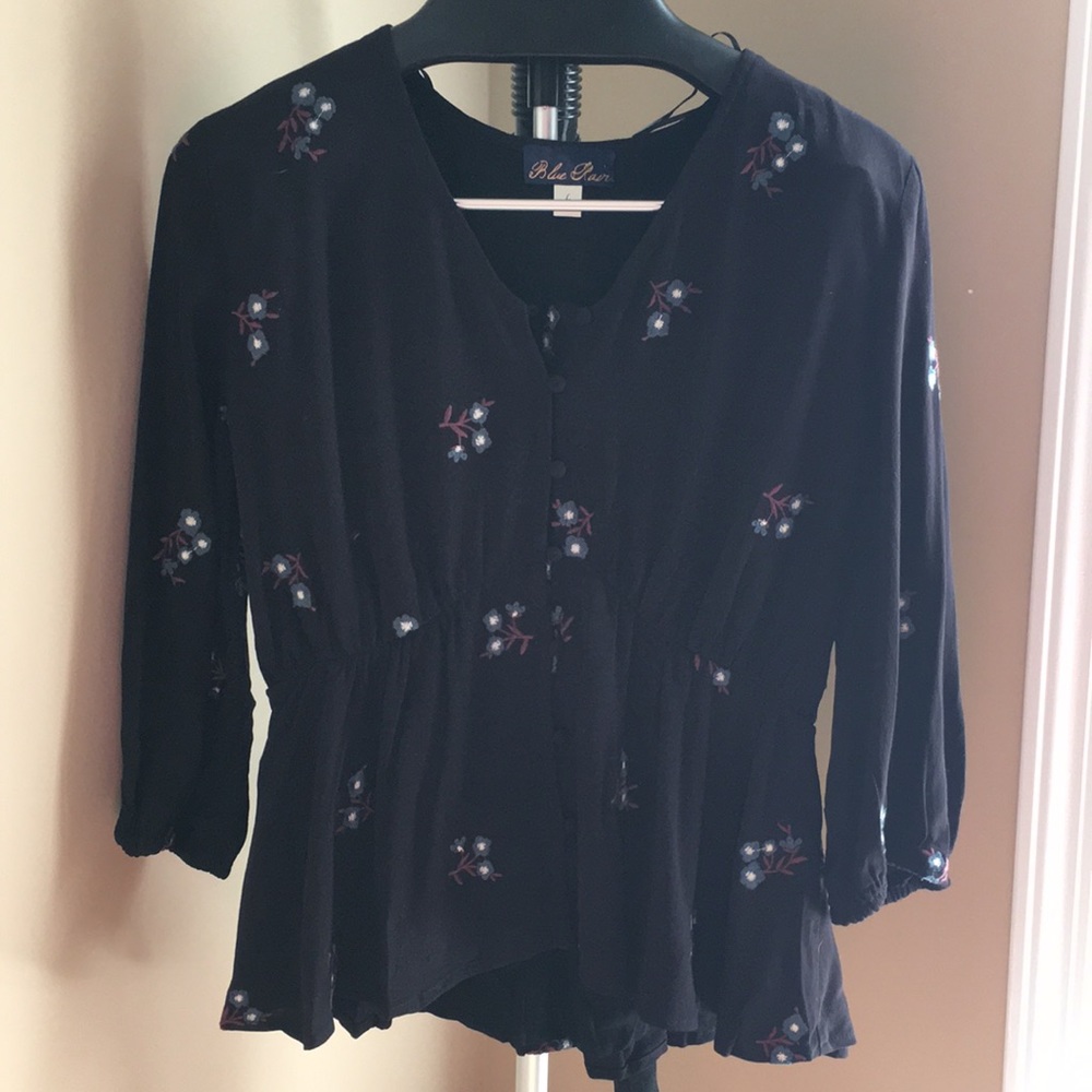 Blue Rain Black Floral Peplum Style Blouse with Buttons on the Front - NWOT